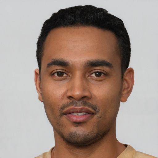 Neutral latino young-adult male with short  black hair and brown eyes