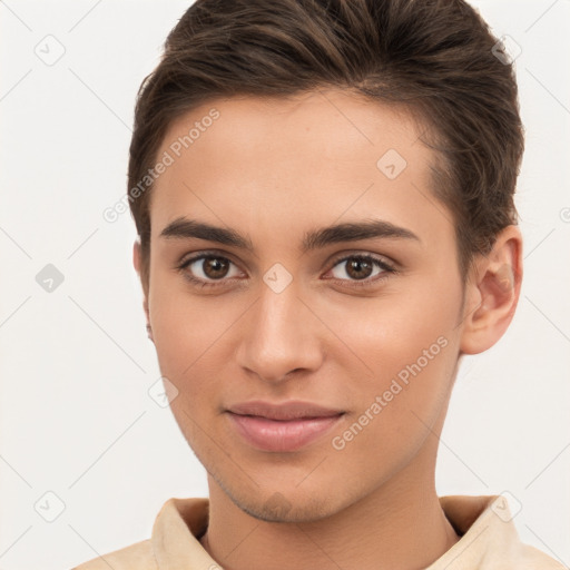 Joyful white young-adult female with short  brown hair and brown eyes