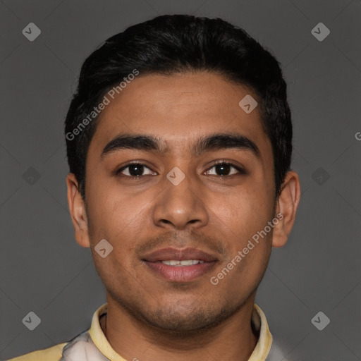 Joyful latino young-adult male with short  brown hair and brown eyes