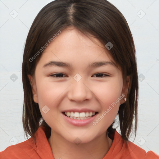 Joyful white child female with medium  brown hair and brown eyes