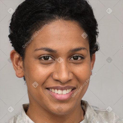 Joyful latino young-adult female with short  brown hair and brown eyes