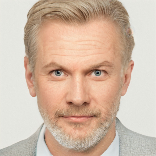 Neutral white middle-aged male with short  brown hair and blue eyes