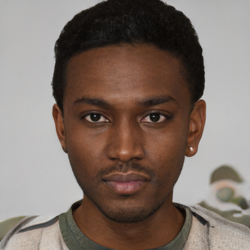 Neutral black young-adult male with short  black hair and brown eyes