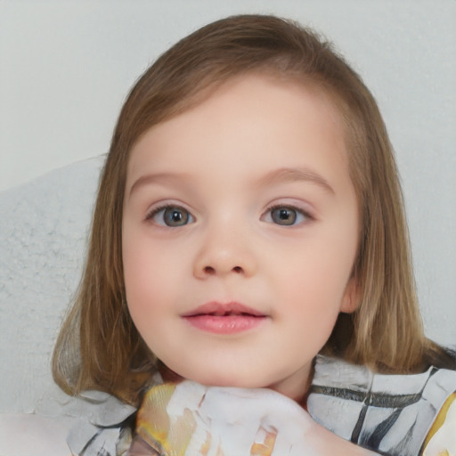 Neutral white child female with medium  brown hair and blue eyes