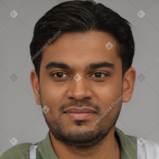 Neutral latino young-adult male with short  black hair and brown eyes