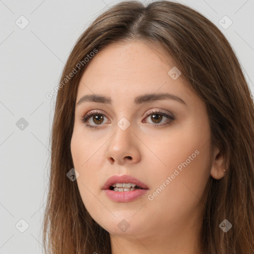 Neutral white young-adult female with long  brown hair and brown eyes