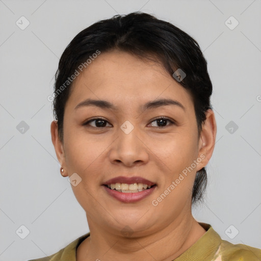 Joyful asian young-adult female with short  brown hair and brown eyes