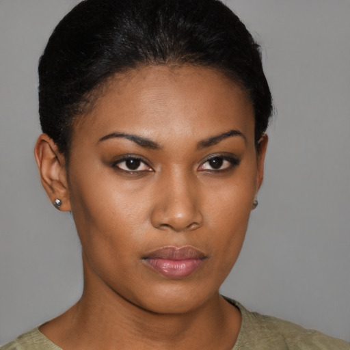 Neutral black young-adult female with short  brown hair and brown eyes