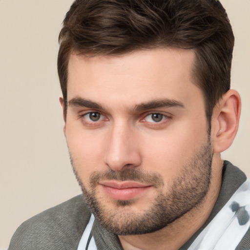 Neutral white young-adult male with short  brown hair and brown eyes