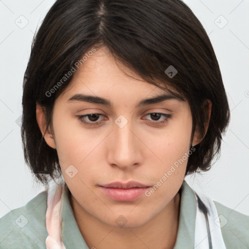 Neutral white young-adult female with medium  brown hair and brown eyes