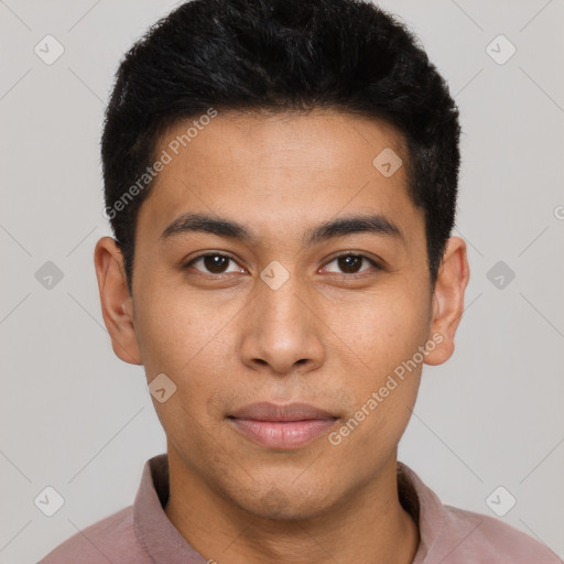 Neutral latino young-adult male with short  brown hair and brown eyes