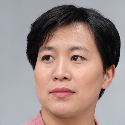 Joyful asian adult female with short  brown hair and brown eyes