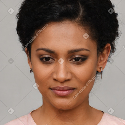 Joyful latino young-adult female with short  black hair and brown eyes