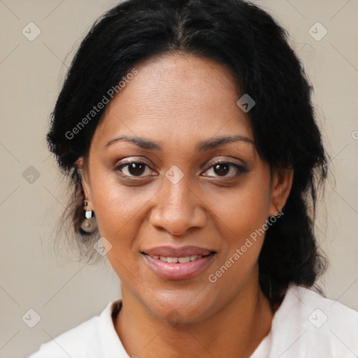 Joyful black young-adult female with medium  brown hair and brown eyes