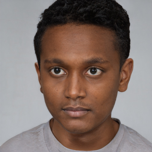 Neutral black young-adult male with short  black hair and brown eyes