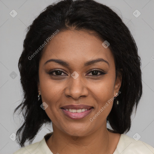 Joyful black young-adult female with medium  brown hair and brown eyes