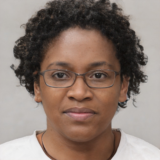Joyful black adult female with short  brown hair and brown eyes