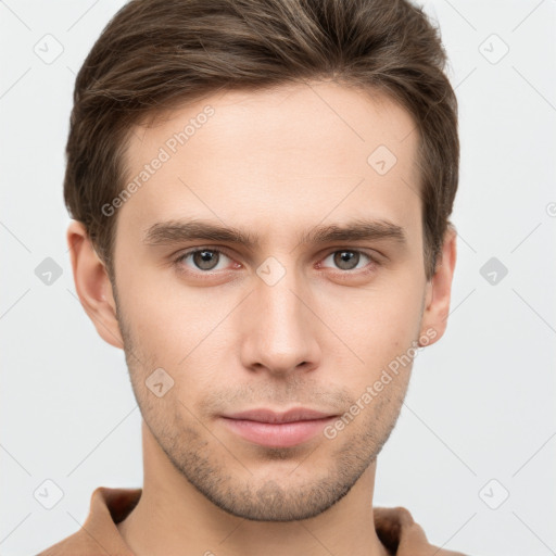 Neutral white young-adult male with short  brown hair and grey eyes