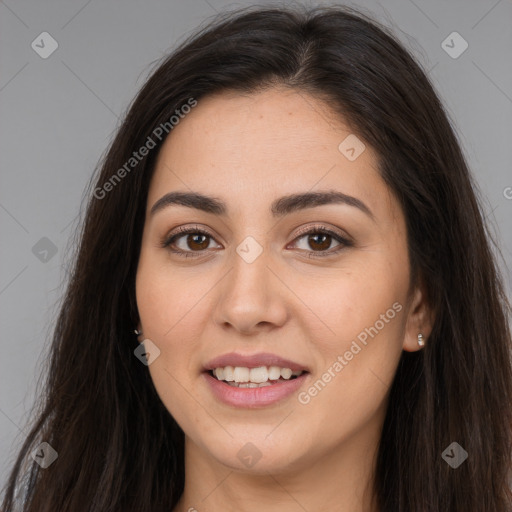 Joyful white young-adult female with long  brown hair and brown eyes