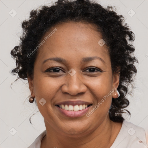 Joyful black adult female with short  brown hair and brown eyes