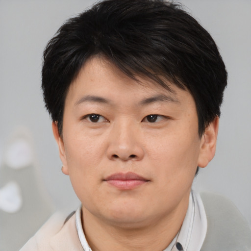 Neutral asian young-adult male with short  brown hair and brown eyes