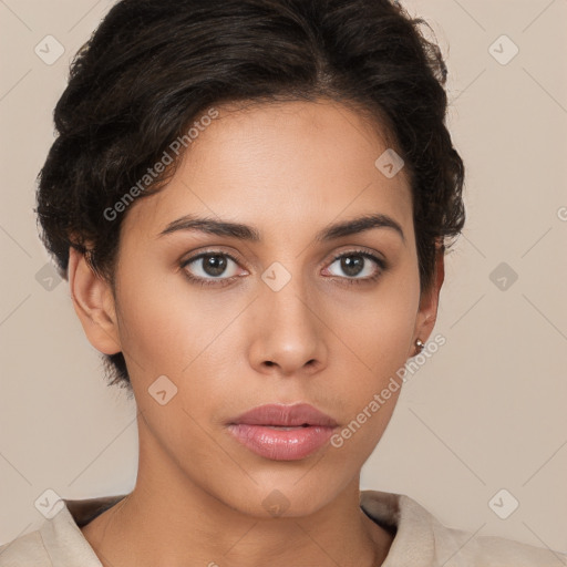 Neutral white young-adult female with short  brown hair and brown eyes