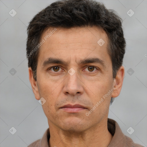 Neutral white adult male with short  brown hair and brown eyes