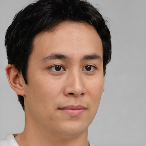 Neutral asian young-adult male with short  brown hair and brown eyes