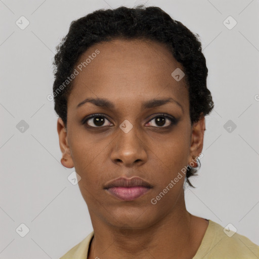 Neutral black young-adult female with short  black hair and brown eyes