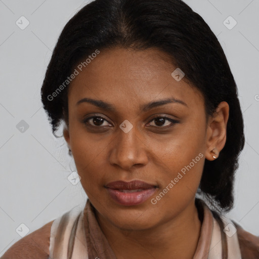 Joyful black young-adult female with medium  brown hair and brown eyes