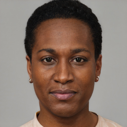 Neutral black young-adult female with short  black hair and brown eyes