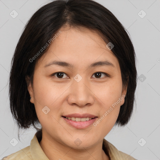 Joyful white young-adult female with medium  brown hair and brown eyes