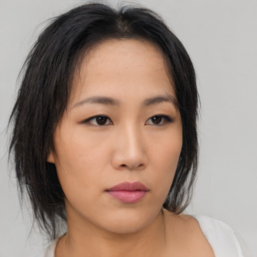 Neutral asian young-adult female with medium  black hair and brown eyes