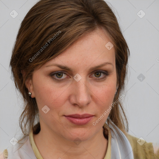 Joyful white young-adult female with medium  brown hair and blue eyes