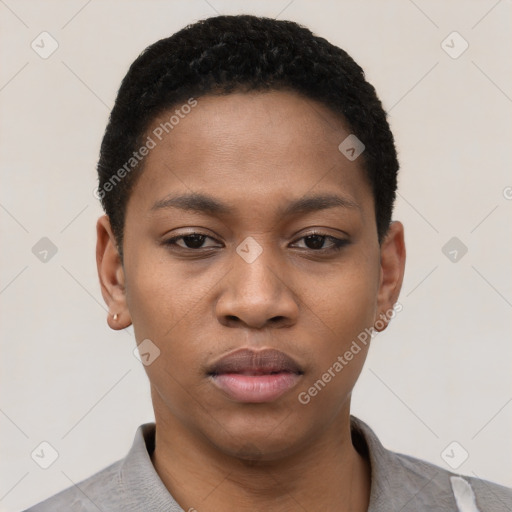 Neutral black young-adult female with short  black hair and brown eyes