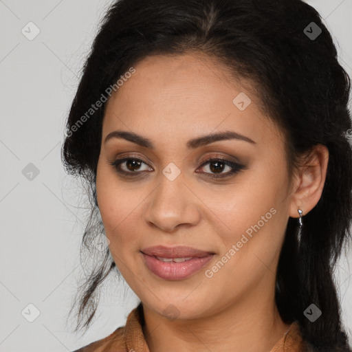 Joyful latino young-adult female with long  brown hair and brown eyes