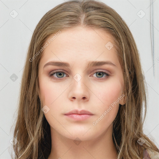 Neutral white young-adult female with long  brown hair and grey eyes