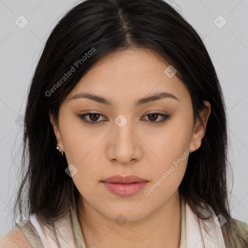 Neutral asian young-adult female with long  brown hair and brown eyes