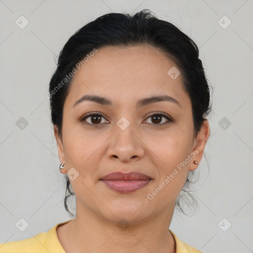 Joyful latino young-adult female with medium  brown hair and brown eyes