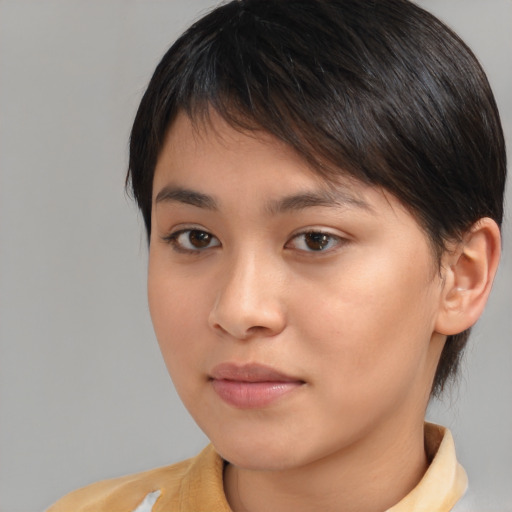 Neutral white young-adult female with medium  brown hair and brown eyes