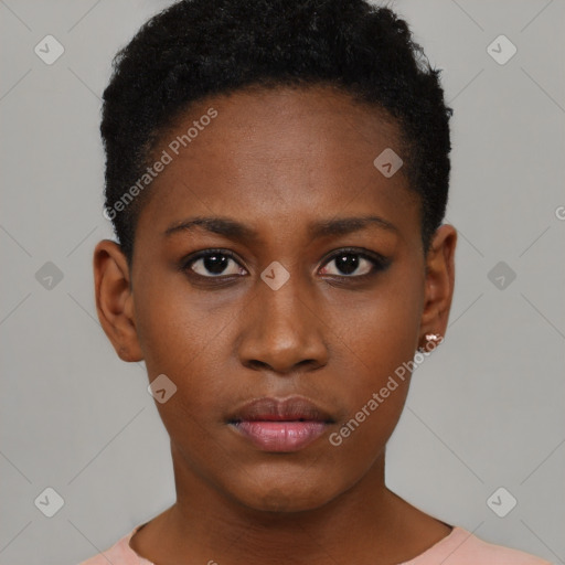 Neutral black young-adult female with short  black hair and brown eyes