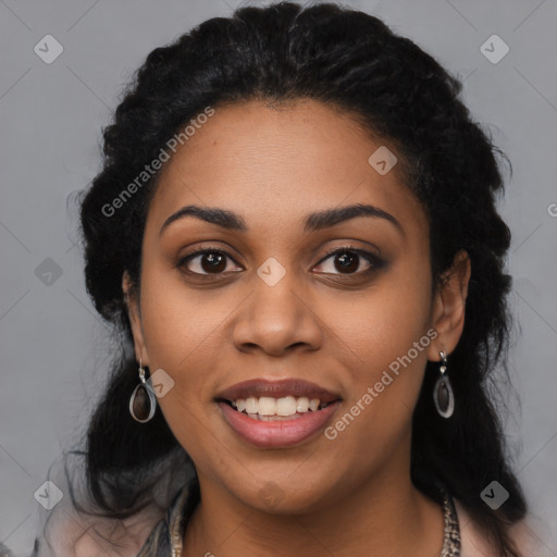 Joyful latino young-adult female with long  black hair and brown eyes