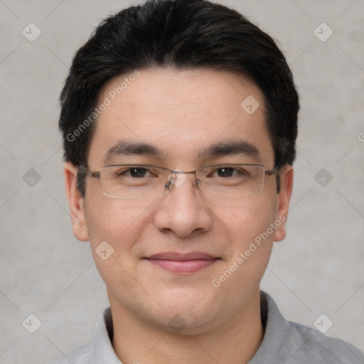 Joyful white adult male with short  black hair and brown eyes