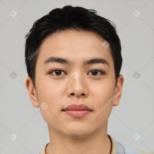 Neutral asian young-adult male with short  black hair and brown eyes