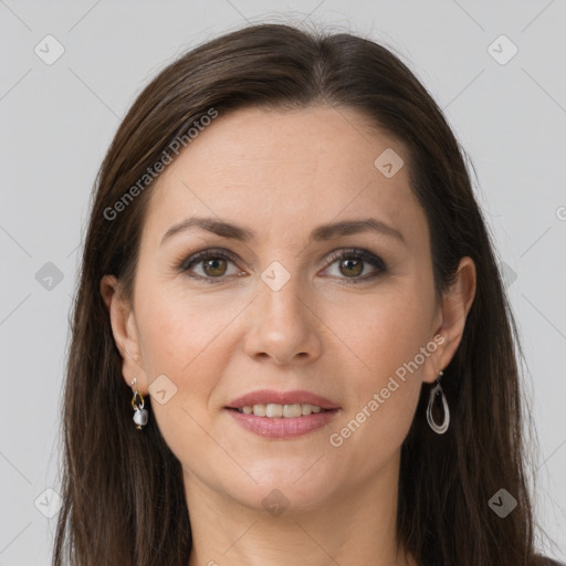 Joyful white young-adult female with long  brown hair and grey eyes