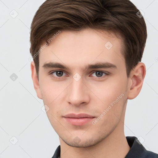 Neutral white young-adult male with short  brown hair and brown eyes