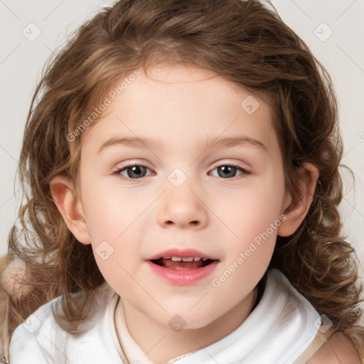 Joyful white child female with medium  brown hair and brown eyes