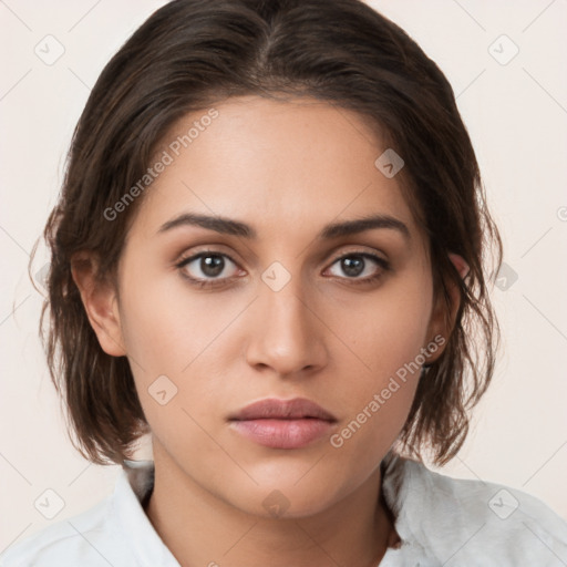 Neutral white young-adult female with medium  brown hair and brown eyes