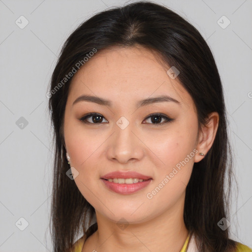 Joyful asian young-adult female with medium  brown hair and brown eyes