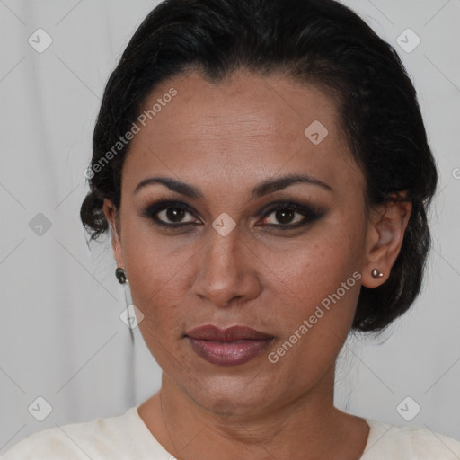 Joyful black young-adult female with medium  brown hair and brown eyes